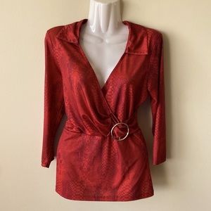 May&June 3/4 sleeve vneckfaux wrap blouse, women M red